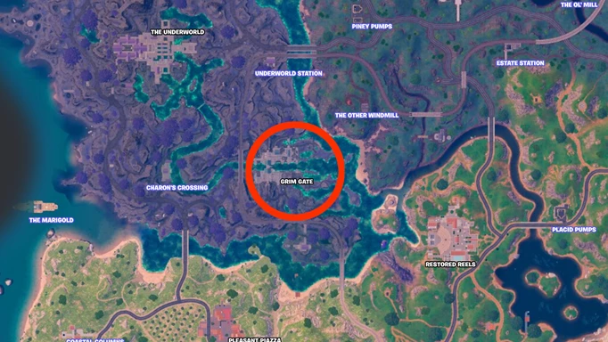 The location of Grim Gate marked on the map