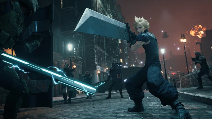Cloud in Final Fantasy VII Remake with his sword raised
