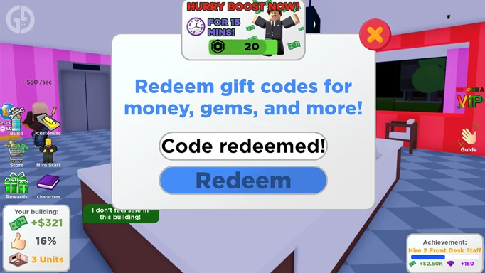 Redeeming a code in Apartment Tycoon