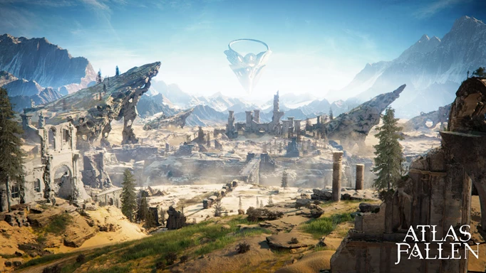 Atlas Fallen Preview: A wide shot of the landscape, including a ruined structure and a bridge over a chasm