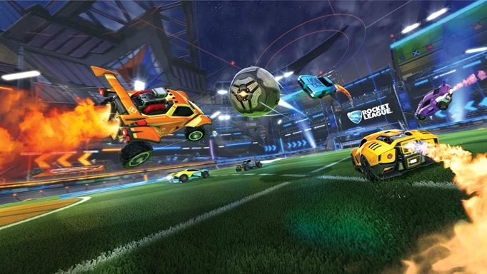 Several Rocket League cars flying up to hit the ball at once