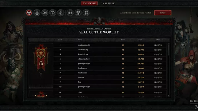 The Gauntlet leaderboard in Diablo 4
