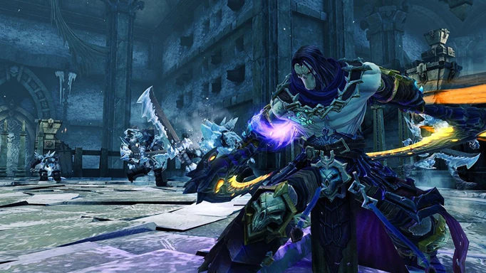 Key art from Darksiders with the main character holding two scythe like blades