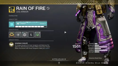 The stats page for the Rain of Fire Warlock exotic leg armour