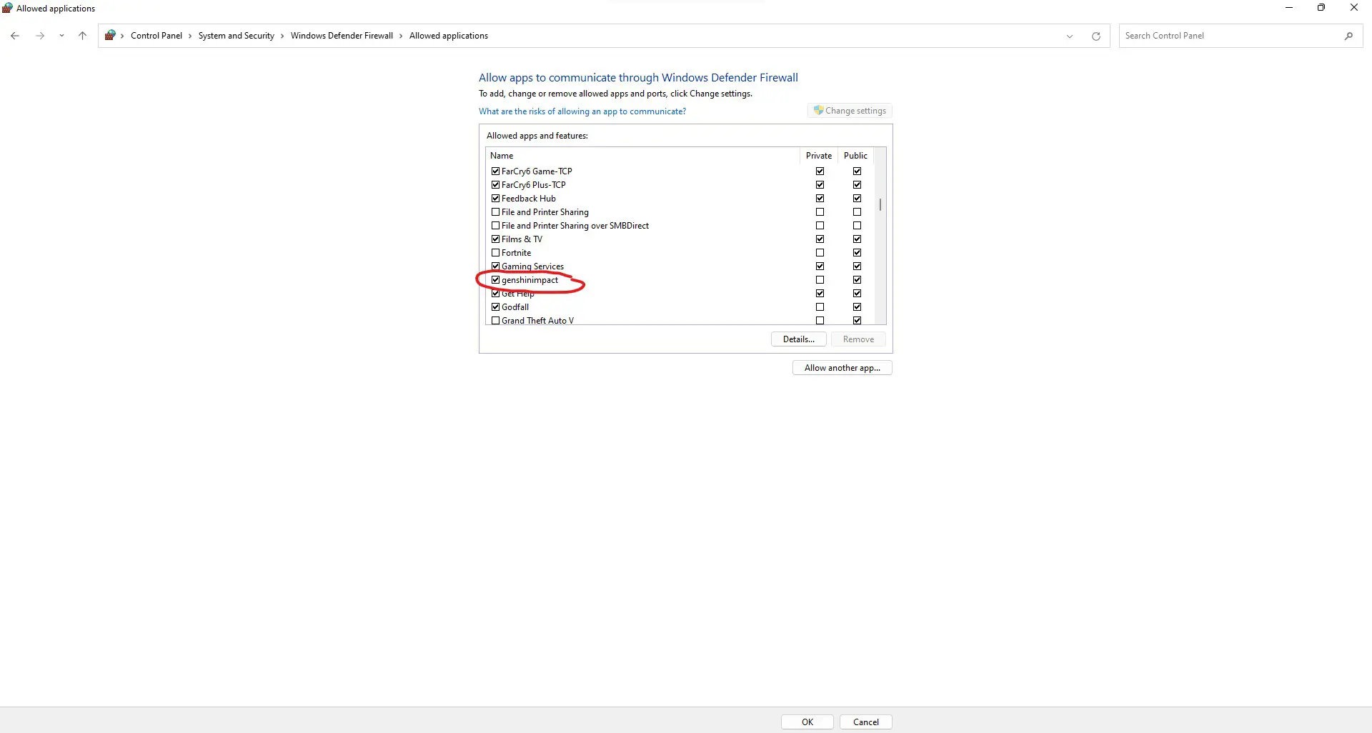 Screenshot showing adding Genshin Impact to a firewall exception