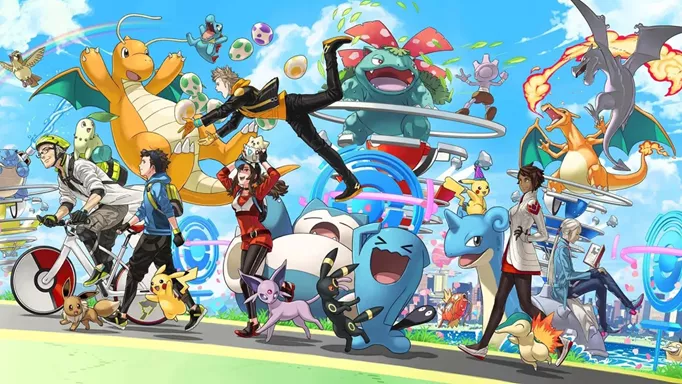 Key art for Pokemon GO, starring a smattering of characters and Pokemon alike.