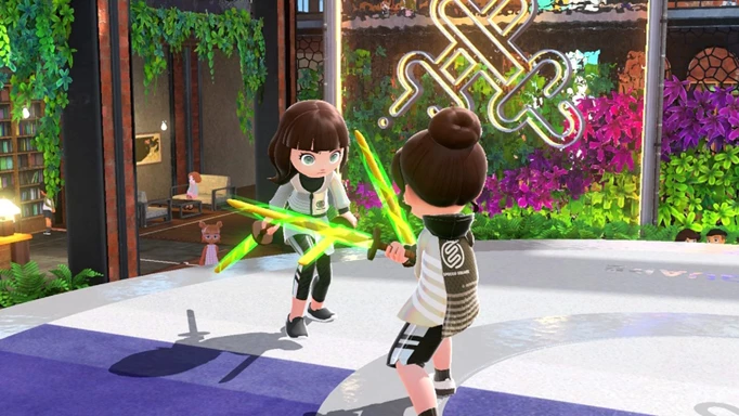 Sportsmates with twin swords fight in Nintendo Switch Sports chambara.