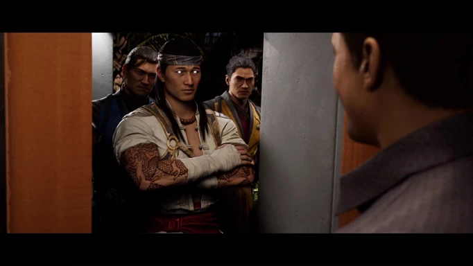 Liu Kang, Sub-Zero and Scorpion at Johnny Cage's front door in Mortal Kombat 1