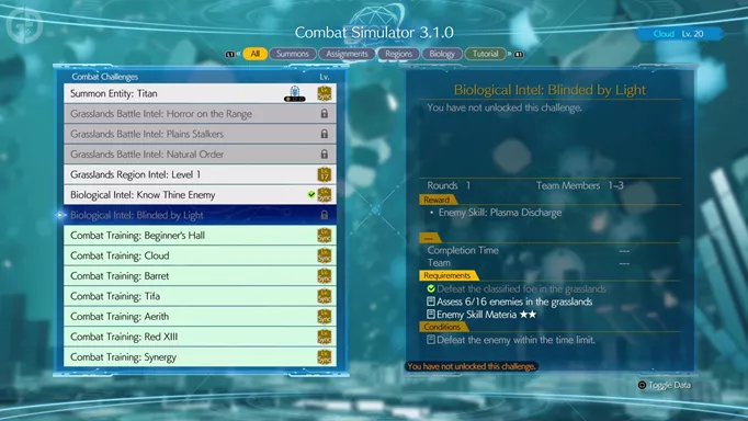 The Combat Simulator challenge for Plasma Discharge, one of the Enemy Skill Materia abilities in FF7 Rebirth