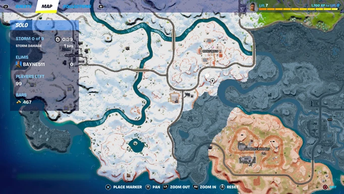The Fortnite Spider-Man mythic locations on a map.