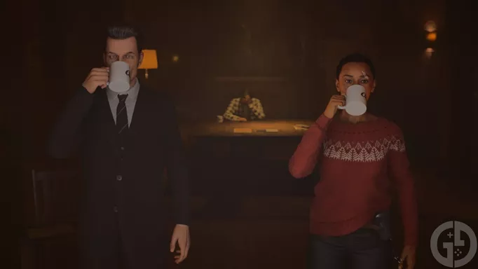 Alex Casey, played by Sam Lake, drinks coffee with Saga Anderson