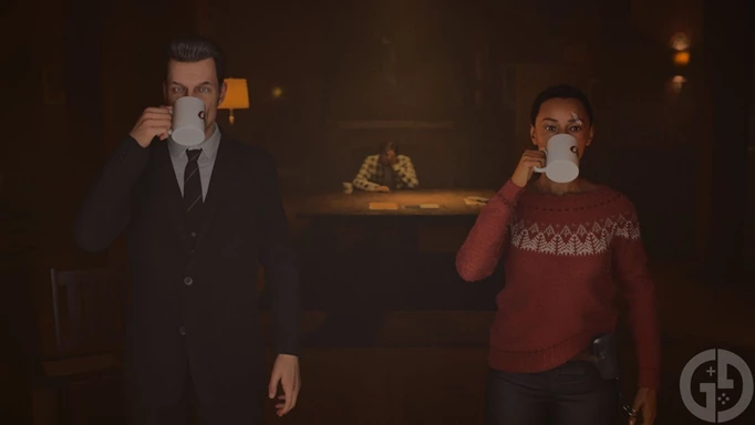 Alex Casey and Saga Anderson drink their coffee and solve a mystery in Alan Wake 2