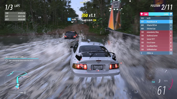 The Forza Horizon 5 Horizon Tour in action, as two cars splash through water.