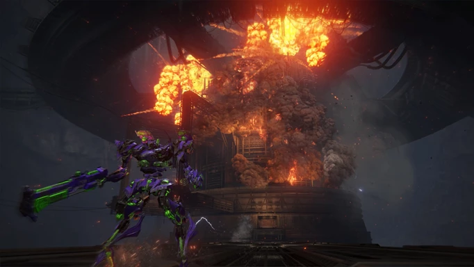 Image of an AC stood in front of an explosion in Armored Core 6