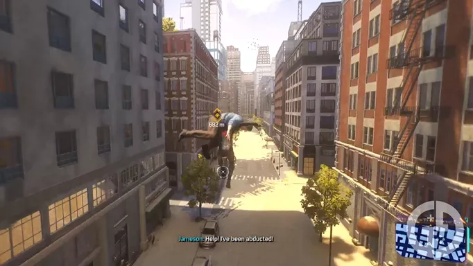 Spider-Man carrying J. Jonah Jameson across the city to a hospital in Marvel's Spider-Man 2