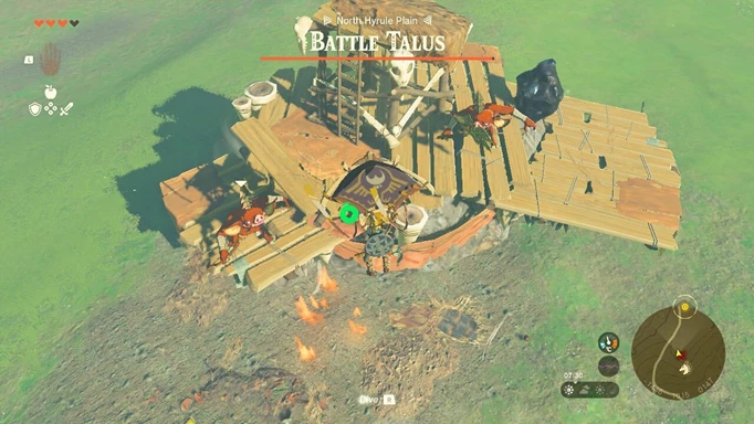 Link uses his glider to get on top of the Battle Talus, where Bokoblin enemies are waiting for him in The Legend of Zelda: Tears of the Kingdom