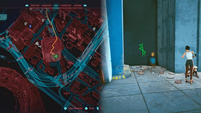 The map location for David's Jacket quest in Cyberpunk 2077. It is marked by the distinctive Edgerunner logo.