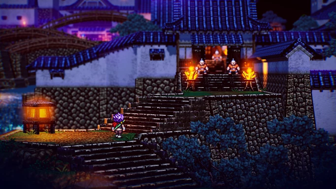 Screenshot of Live A Live where the main character is at the foot of the stairs of a Japanese castle