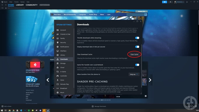 showing how to clear download cache on Steam