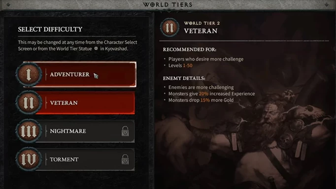 The in-game menu where you choose which World Tier to use in Diablo 4