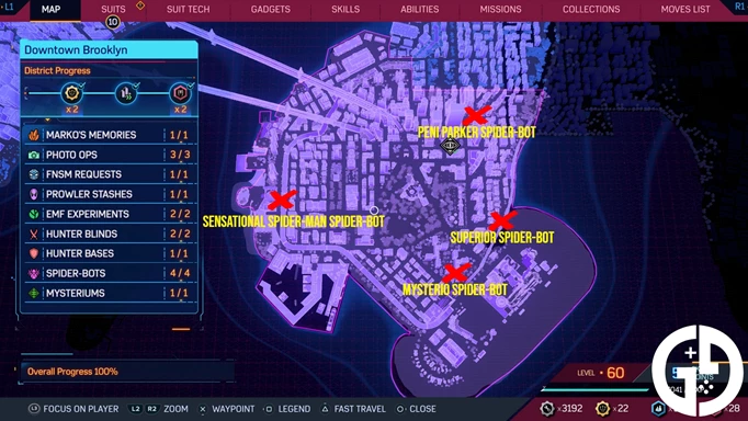 The Downtown Brooklyn map of Spider-Bot locations in Spider-Man 2