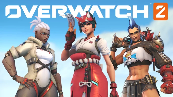 Characters from Overwatch 2 standing in front of the logo