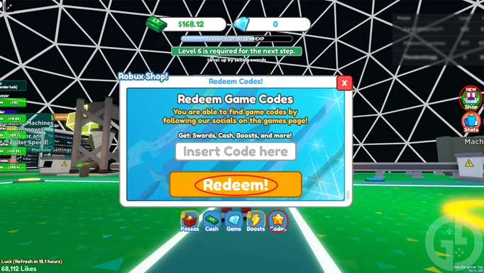 Screenshot showing how to redeem Sword Factory Reforged codes in-game