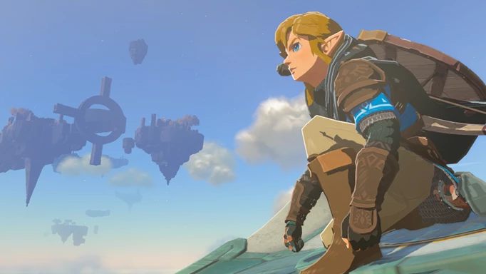 Link flying on a glider in Tears of the Kingdom.